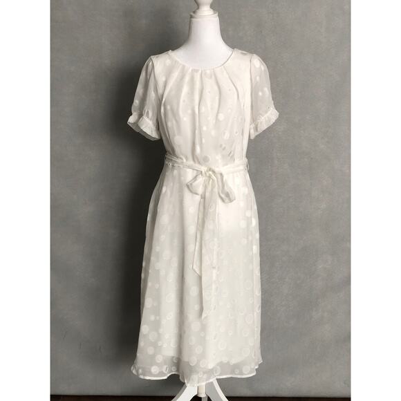 NY Collection Petite Women's PL Belted Swiss Dot Dress White NEW - Picture 1 of 9